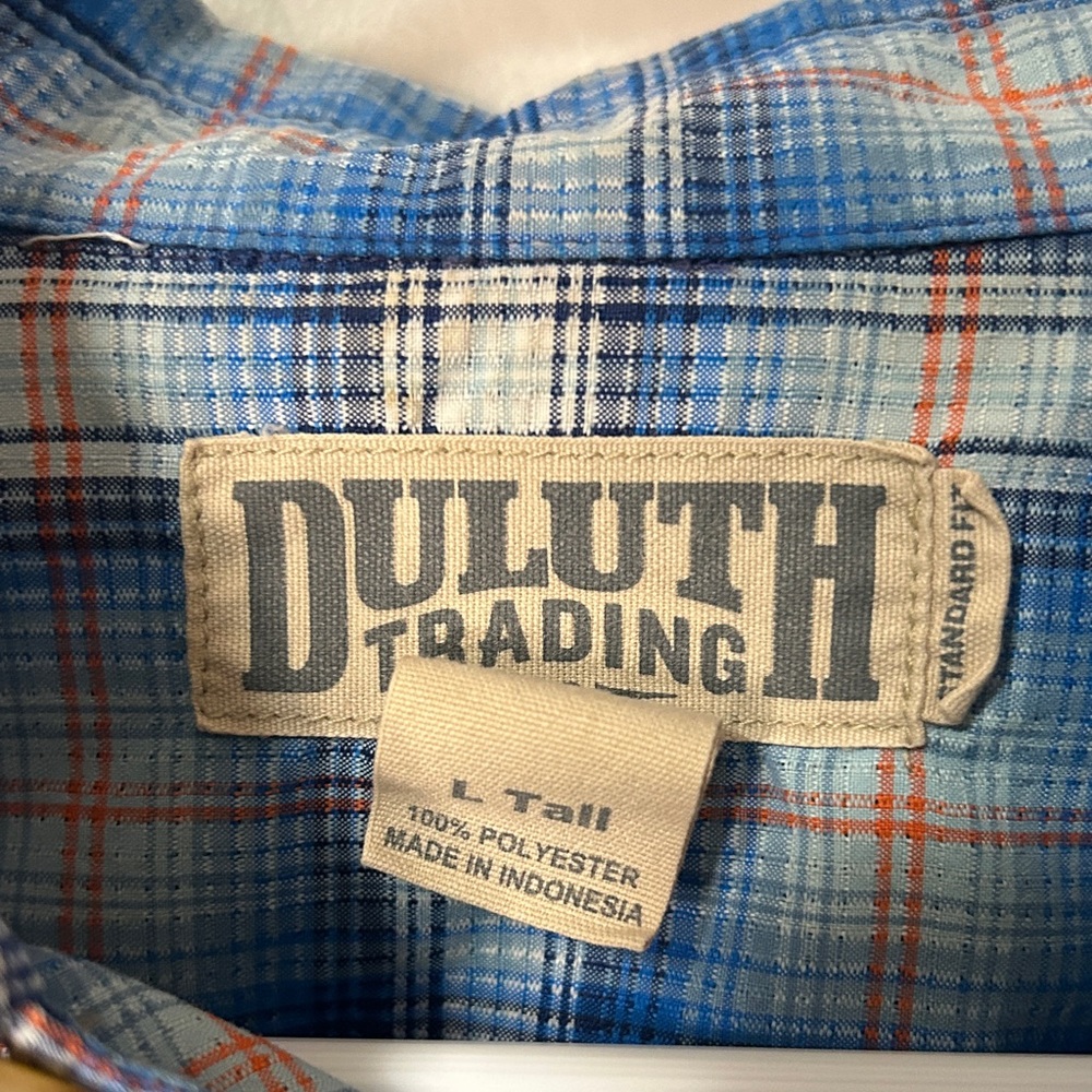 Duluth Trading Co Blue and White Plaid‎ Button Down Shirt men’s size L-tall - Picture 2 of 5